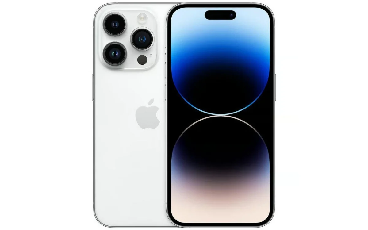 Un iPhone 14 Pro argent, face et dos